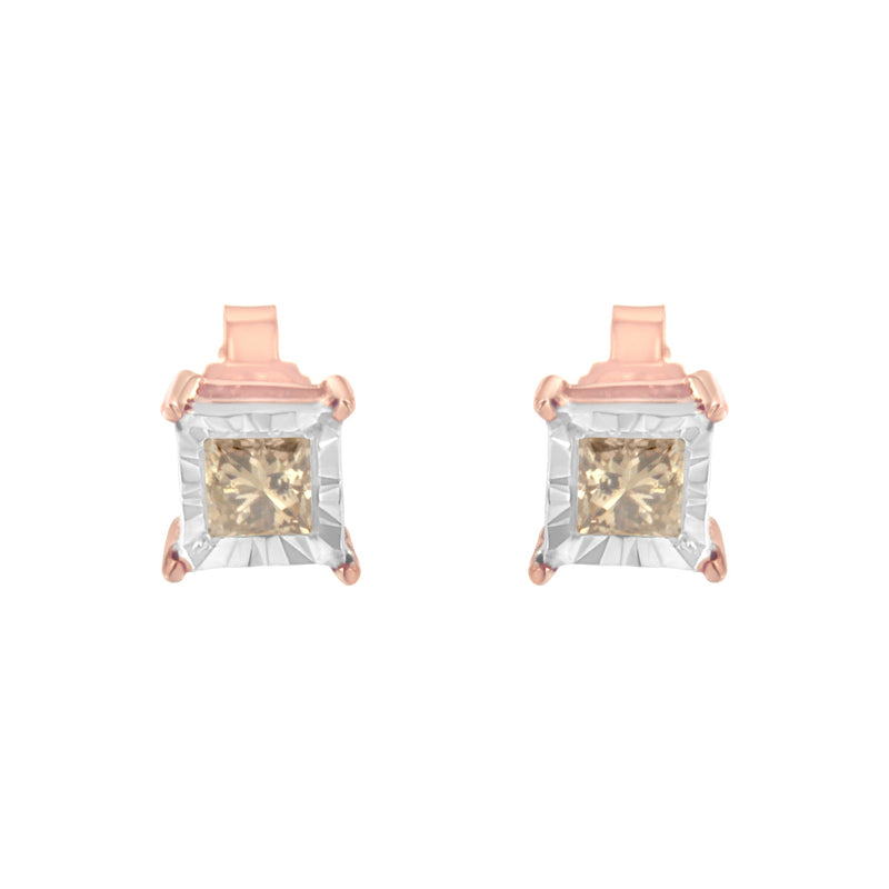 Bids.com 14K Rose Gold Plated Two-Tone .925 Sterling Silver 1/2 Cttw Princess-Cut Square Diamond Solitaire Miracle-Plate Stud Earrings (K-L Color, I2-I3 Clarity) Earrings White Smoke WhiteRose.Sterling Silver / 0.5