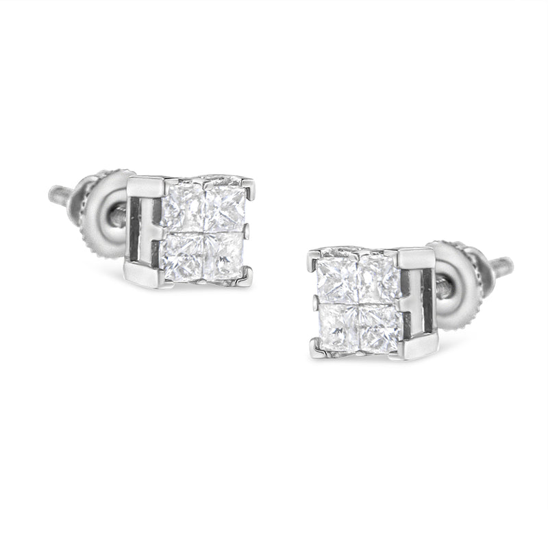 Bids.com 10K White Gold 3/4 Cttw Invisible Set Princess-Cut Diamond Composite Square Stud Earrings (H-I Color, SI2-I1 Clarity) Earrings White Smoke White.Gold / 0.75