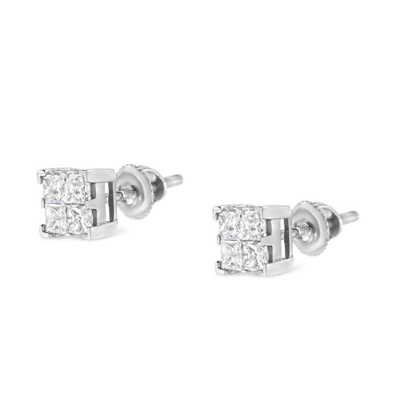 Bids.com 10K White Gold 3/4 Cttw Invisible Set Princess-Cut Diamond Composite Square Stud Earrings (H-I Color, SI2-I1 Clarity) Earrings White Smoke White.Gold / 0.75