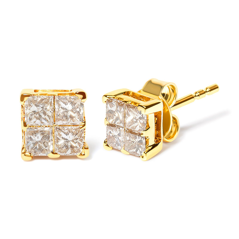 Bids.com 10K Yellow Gold 3/4 Cttw Invisible Set Princess-Cut Diamond Composite Square Stud Earrings (I-J Color, I2-I3 Clarity) Earrings White Smoke Yellow.Gold / 0.75