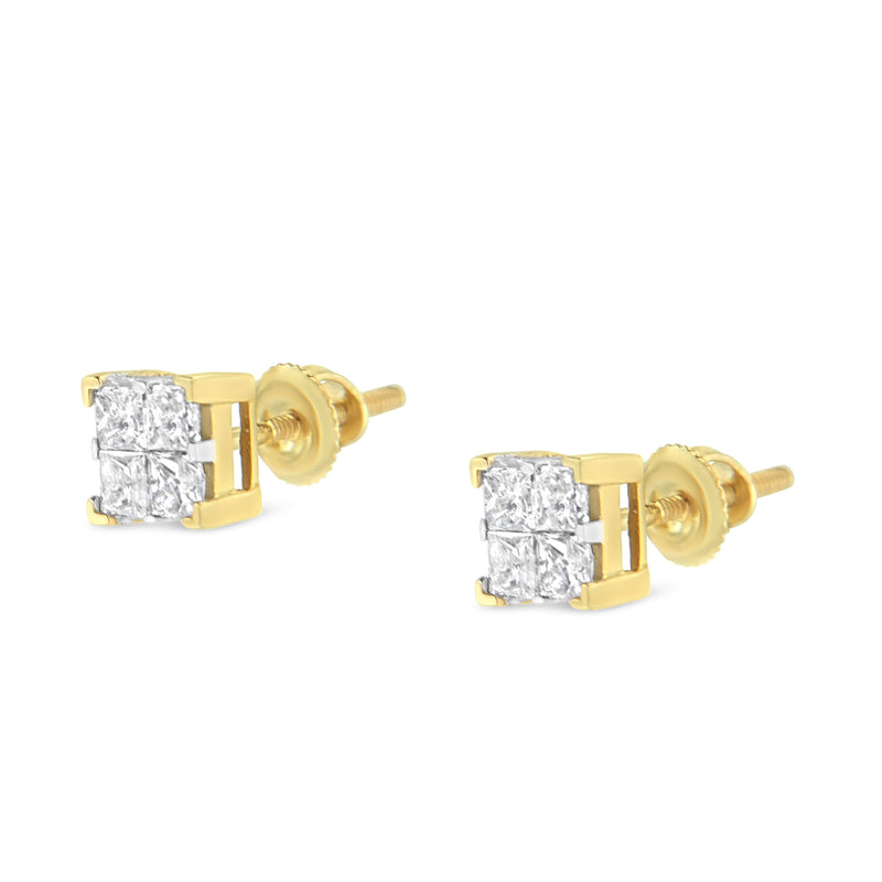 Bids.com 10K Yellow Gold 3/4 Cttw Invisible Set Princess-Cut Diamond Composite Square Stud Earrings (I-J Color, I2-I3 Clarity) Earrings White Smoke Yellow.Gold / 0.75