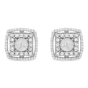 Bids.com .925 Sterling Silver 1.0 Cttw Round Diamond Double Halo and Disc Stud Earring (I-J Color, I2-I3 Clarity) Earrings White Smoke White.Sterling Silver / 1
