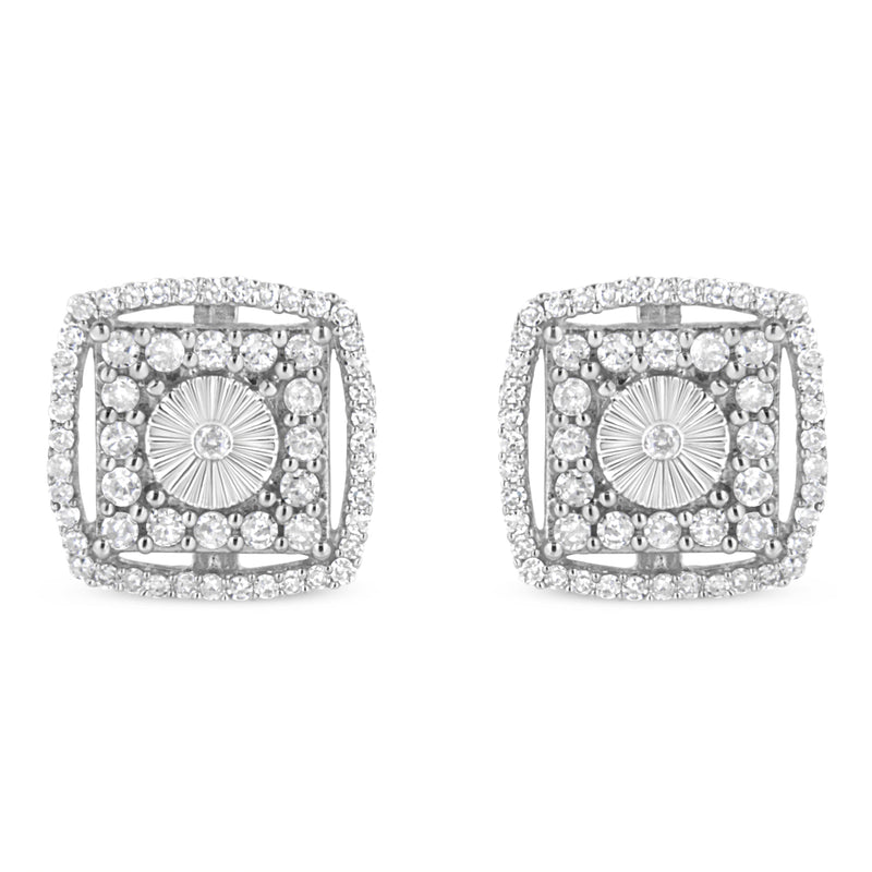 Bids.com .925 Sterling Silver 1.0 Cttw Round Diamond Double Halo and Disc Stud Earring (I-J Color, I2-I3 Clarity) Earrings White Smoke White.Sterling Silver / 1