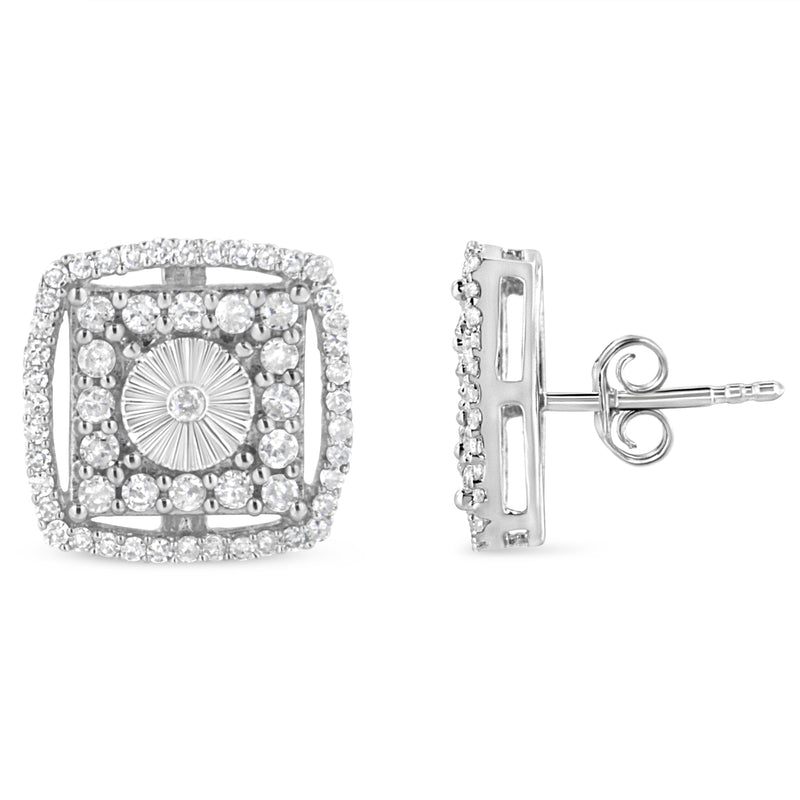 Bids.com .925 Sterling Silver 1.0 Cttw Round Diamond Double Halo and Disc Stud Earring (I-J Color, I2-I3 Clarity) Earrings White Smoke White.Sterling Silver / 1