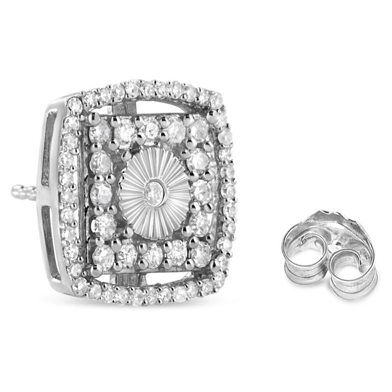 Bids.com .925 Sterling Silver 1.0 Cttw Round Diamond Double Halo and Disc Stud Earring (I-J Color, I2-I3 Clarity) Earrings White Smoke White.Sterling Silver / 1