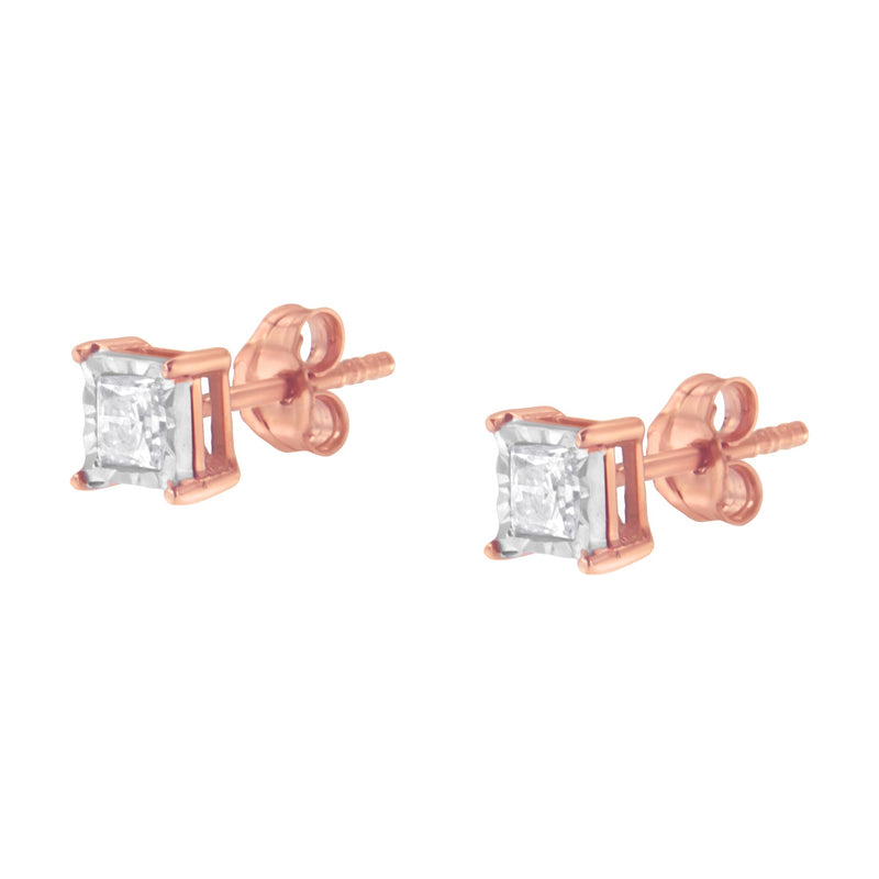 Bids.com 14K Rose Gold Plated Two-Tone .925 Sterling Silver 1/2 Cttw Princess-Cut Square Near Colorless Diamond Solitaire Miracle-Plate Stud Earrings (J-K Color, I2-I3 Clarity) Earrings White Smoke WhiteRose.Sterling Silver / 0.5