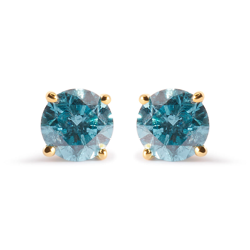 Bids.com 14K Yellow Gold 1.0 Cttw Treated Aqua Blue Diamond Classic Solitaire Stud Earrings (Aqua Blue Color, I2-I3 Clarity) Earrings White Smoke Yellow.Gold / 1.15