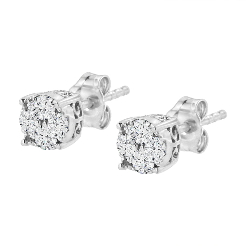 Bids.com .925 Sterling Silver 1/2 cttw Prong Set Round-Cut Diamond Cluster Stud Earring (I-J Color, I2-I3 Clarity) Earrings White Smoke White.Sterling Silver / 0.5