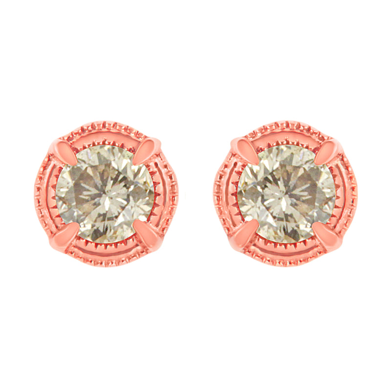 Bids.com 14K Yellow Gold Plated .925 Sterling Silver 1.0 Cttw Round Brilliant Cut Diamond Solitaire Milgrain Stud Earrings (K-L Color, I2-I3 Clarity) Earrings White Smoke Rose.Sterling Silver / 1