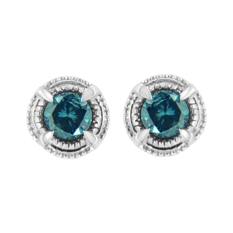 Bids.com .925 Sterling Silver 1 cttw Treated Black Diamond Modern 4-Prong Solitaire Milgrain Stud Earrings (Black Color, I1-I2 Clarity) Earrings White Smoke White.Sterling Silver / 1.5 / Blue Diamond