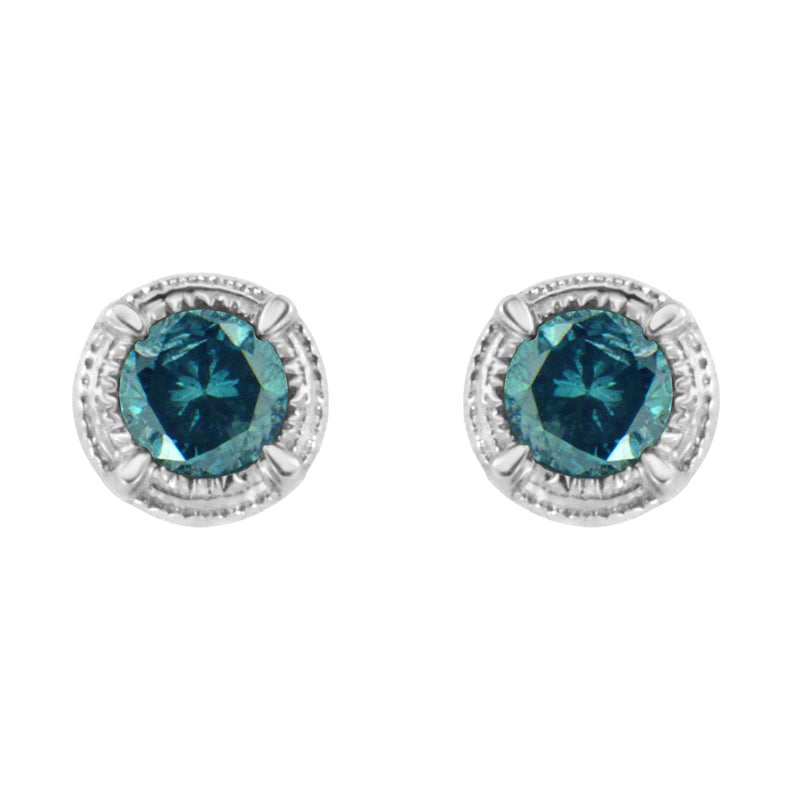 Bids.com .925 Sterling Silver 1 cttw Treated Black Diamond Modern 4-Prong Solitaire Milgrain Stud Earrings (Black Color, I1-I2 Clarity) Earrings White Smoke White.Sterling Silver / 0.25 / Blue Diamond
