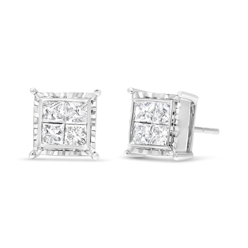 Bids.com 14K White Gold 1 1/2 Cttw Invisible Set Princess-Cut Diamond Contemporary Wavy Quad Stud Earrings (I-J Color, I1-I2 Clarity) Earrings White Smoke White.Gold / 1.5