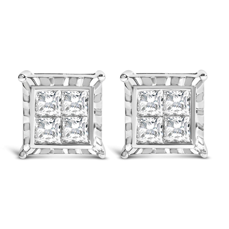 Bids.com 14K White Gold 2.00 Cttw Invisible Set Princess-Cut Lab Grown Diamond Wavy Quad Stud Earrings Earrings White Smoke White.Gold / 2