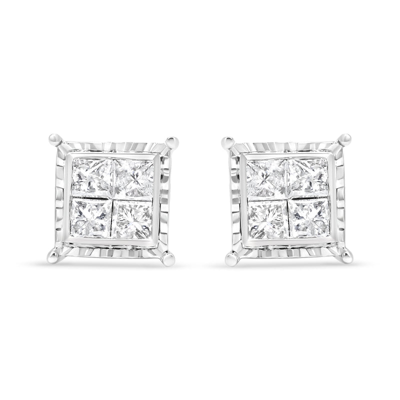 Bids.com 14K White Gold 1 1/2 Cttw Invisible Set Princess-Cut Diamond Contemporary Wavy Quad Stud Earrings (I-J Color, I1-I2 Clarity) Earrings White Smoke White.Gold / 1.5