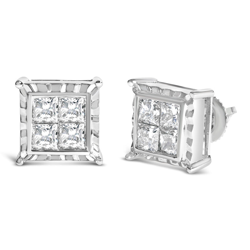 Bids.com 14K White Gold 2.00 Cttw Invisible Set Princess-Cut Lab Grown Diamond Wavy Quad Stud Earrings Earrings White Smoke White.Gold / 2