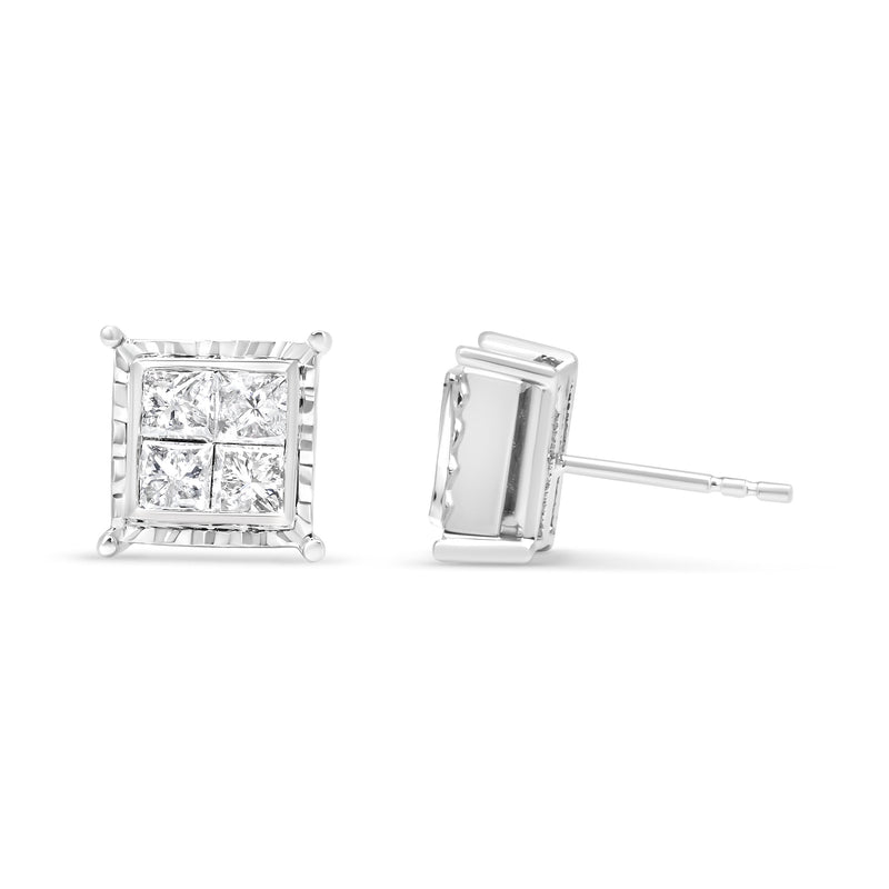 Bids.com 14K White Gold 1 1/2 Cttw Invisible Set Princess-Cut Diamond Contemporary Wavy Quad Stud Earrings (I-J Color, I1-I2 Clarity) Earrings White Smoke White.Gold / 1.5