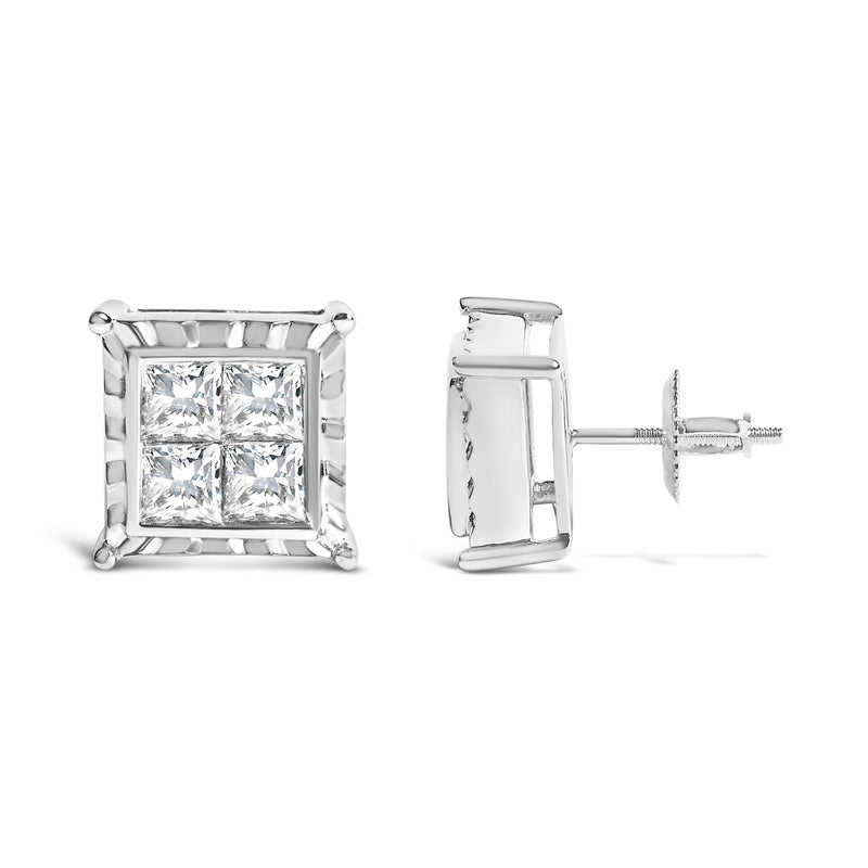 Bids.com 14K White Gold 2.00 Cttw Invisible Set Princess-Cut Lab Grown Diamond Wavy Quad Stud Earrings Earrings White Smoke White.Gold / 2