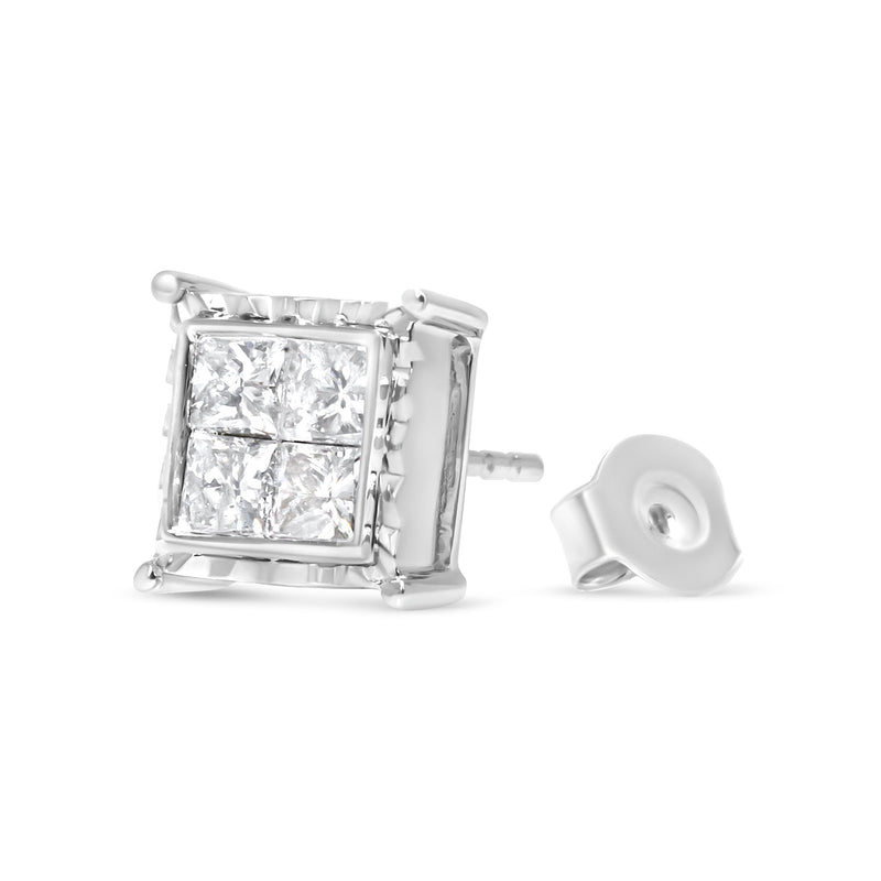 Bids.com 14K White Gold 1 1/2 Cttw Invisible Set Princess-Cut Diamond Contemporary Wavy Quad Stud Earrings (I-J Color, I1-I2 Clarity) Earrings White Smoke White.Gold / 1.5