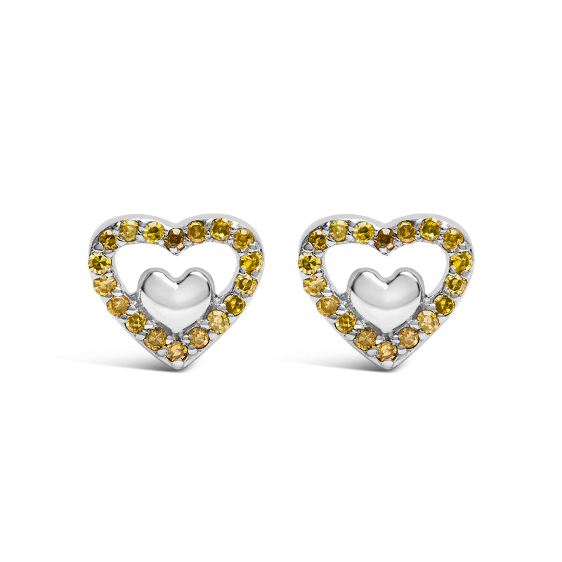 Bids.com 925 Sterling Silver 1/6 Cttw Diamond Open Double Heart Stud Earrings (I-J Color, I3 Clarity) Earrings White Smoke White.Sterling Silver / 0.15 / Yellow Diamond