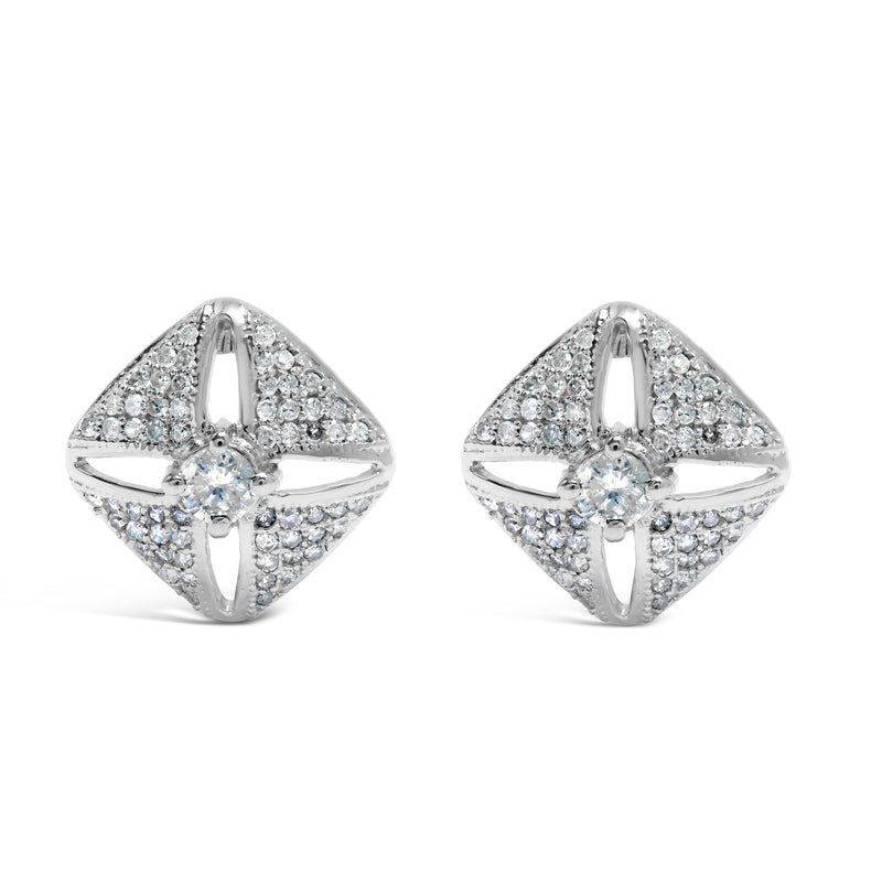 Bids.com .925 Sterling Silver 1.0 Cttw Diamond Studded Rhombus Stud Earring (H-I Color, I2-I3 Clarity) Earrings White Smoke White.Sterling Silver / 1.05