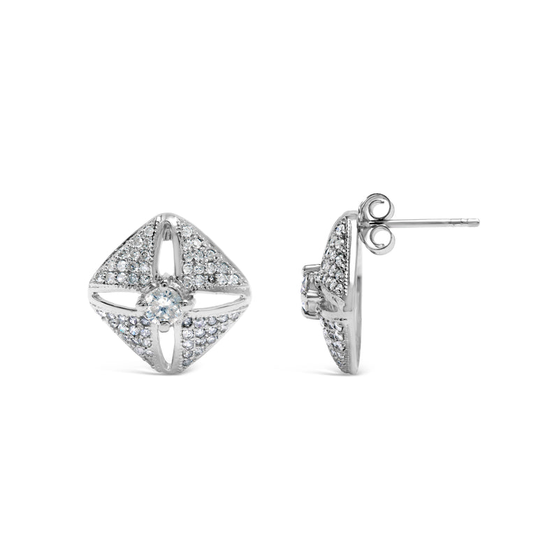Bids.com .925 Sterling Silver 1.0 Cttw Diamond Studded Rhombus Stud Earring (H-I Color, I2-I3 Clarity) Earrings White Smoke White.Sterling Silver / 1.05