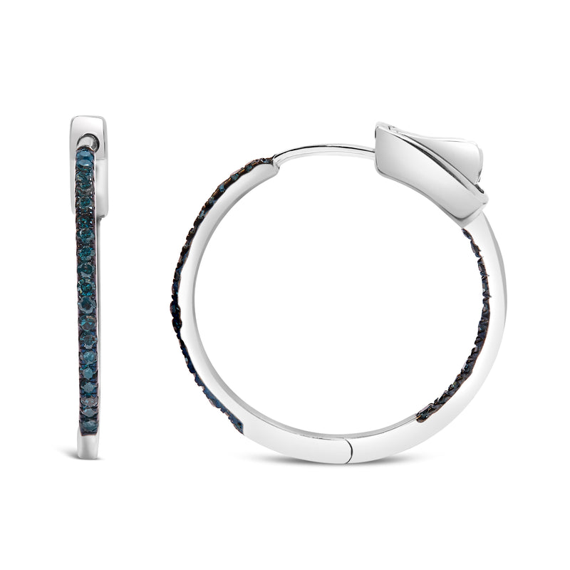 Bids.com .925 Sterling Silver 1/3 Cttw Inside Out Blue Treated Diamond 1MM Wide Hoop Earrings (Blue Color, I2-I3 Clarity) Earrings White Smoke White.Sterling Silver / 0.32