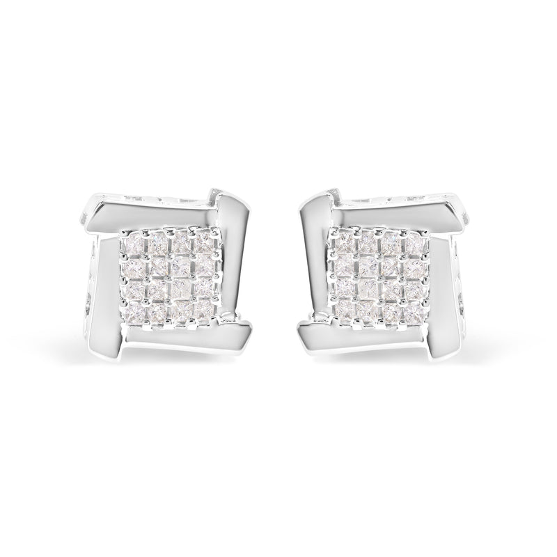 Bids.com 10K White Gold 1/2 Cttw Composite  Princess Diamond Square and Swirl Stud Earrings (I-J Color, I1-I2 Clarity) Earrings Light Gray White.Gold / 0.5