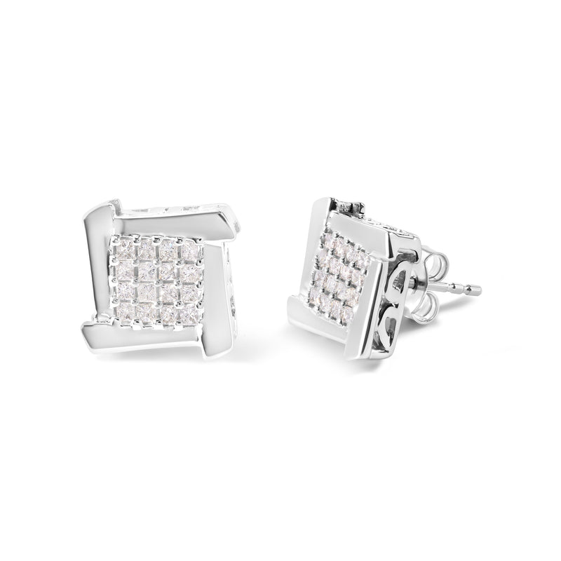 Bids.com 10K White Gold 1/2 Cttw Composite  Princess Diamond Square and Swirl Stud Earrings (I-J Color, I1-I2 Clarity) Earrings White Smoke White.Gold / 0.5
