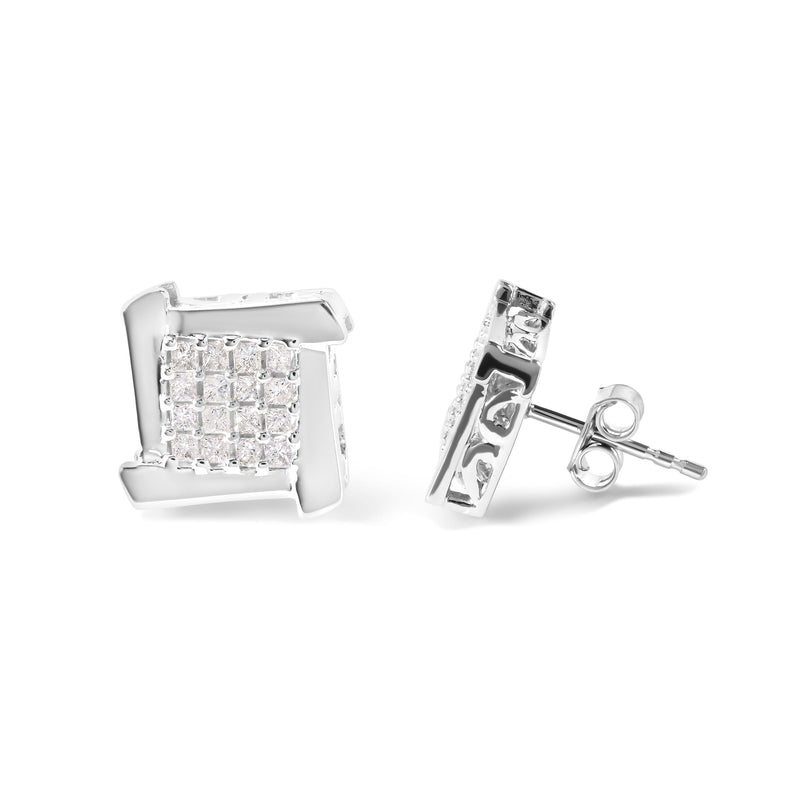 Bids.com 10K White Gold 1/2 Cttw Composite  Princess Diamond Square and Swirl Stud Earrings (I-J Color, I1-I2 Clarity) Earrings White Smoke White.Gold / 0.5