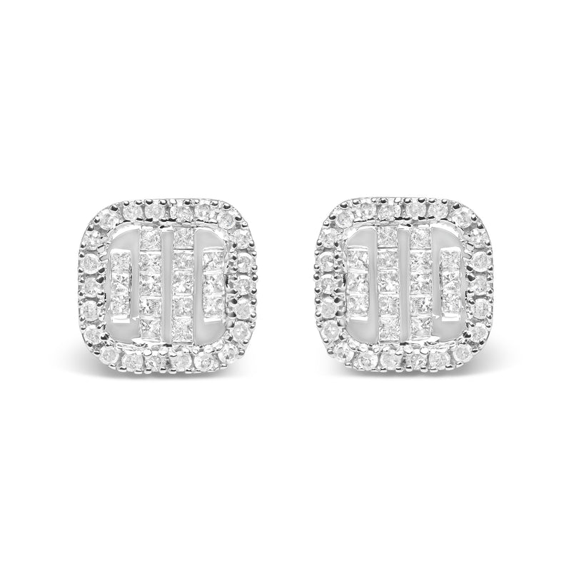 Bids.com 10K White Gold 7/8 Cttw Diamond Princess Composite and Halo Stud Earrings (I-J Color, I1-I2 Clarity) Earrings Gray White.Gold / 0.87