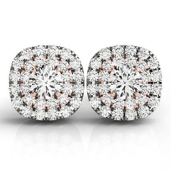 Bids.com 14k White and Rose Gold Cushion Shape Halo Diamond Earrings (3/4 cttw) Earrings Light Gray White & Rose Gold