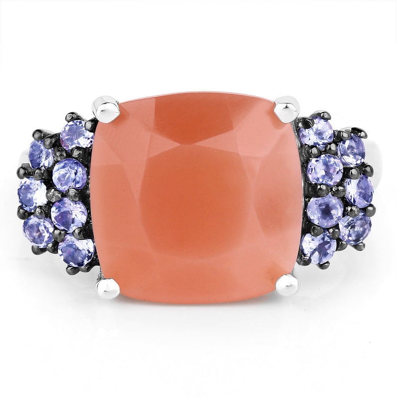 Bids.com 6.18 Carat Genuine Peach Moonstone and Tanzanite .925 Sterling Silver Ring Rings White Smoke size 7.00,size 8.00,size 9.00,size 6.00