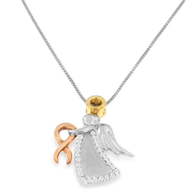 Bids.com 10K Tri-Color Gold Diamond-Accented Angel Awareness Ribbon Pendant Necklace (H-I Color, I1-I2 Clarity) Necklaces White Smoke YellowWhiteRose.Gold / 18