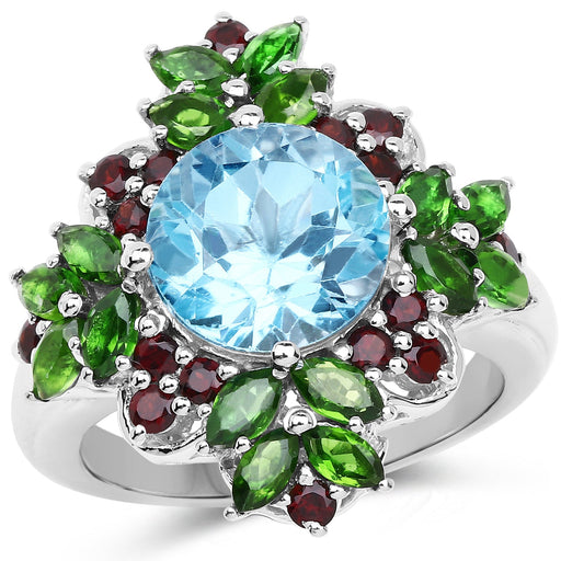 Bids.com 5.76 Carat Genuine Blue Topaz, Chrome Diopside & Garnet .925 Sterling Silver Ring Rings White Smoke size 6.00,size 7.00,size 8.00,size 9.00,size 5.00,size 10.00