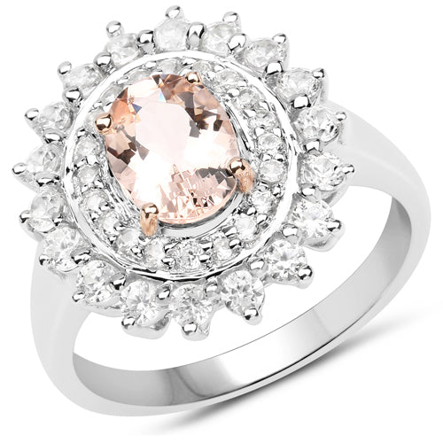 Bids.com Two Tone Plated 2.30 Carat Genuine Pink Morganite and White Zircon .925 Sterling Silver Ring Rings White Smoke size 7.00,size 6.00,size 8.00,size 5.00,size 9.00