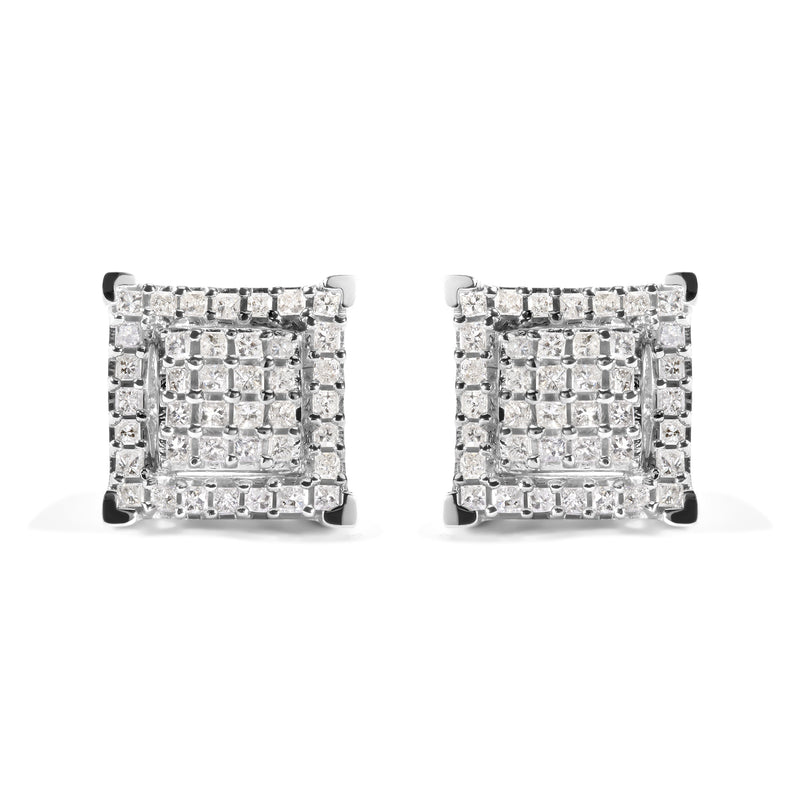 Bids.com 10K White Gold 1 1/4 Cttw Princess Diamond Composite Double Square and Halo Stud Earrings (I-J Color, I1-I2 Clarity) Earrings White Smoke White.Gold / 1.23