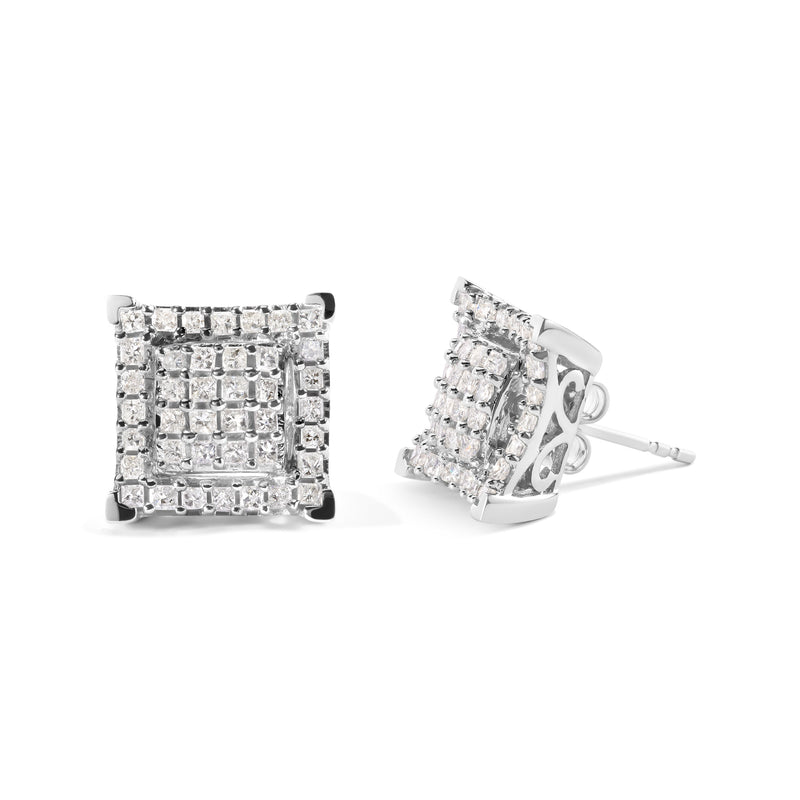 Bids.com 10K White Gold 1 1/4 Cttw Princess Diamond Composite Double Square and Halo Stud Earrings (I-J Color, I1-I2 Clarity) Earrings White Smoke White.Gold / 1.23