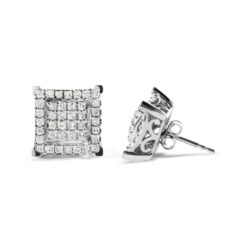 Bids.com 10K White Gold 1 1/4 Cttw Princess Diamond Composite Double Square and Halo Stud Earrings (I-J Color, I1-I2 Clarity) Earrings White Smoke White.Gold / 1.23