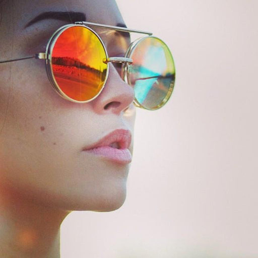 zeroUV Retro Round Steampunk Mirrored Lens Flip Up Sunglasses 8966 Sunglasses Light Gray Gold Orange,Silver Fire,Black Fire,Silver Ice,Gold Midnight,Gold Purple,Gold Ice,Black Ice,Black Midnight,Gold Rainbow,Black Rainbow