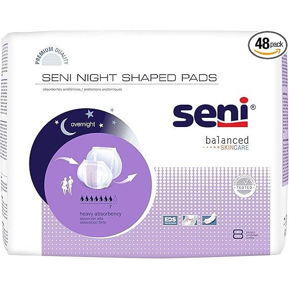 Seni Seni Night Shaped Pads, Heavy/Overnight Absorbency, Case of 48 (6 Packs of 8) Incontinence Aids White Smoke