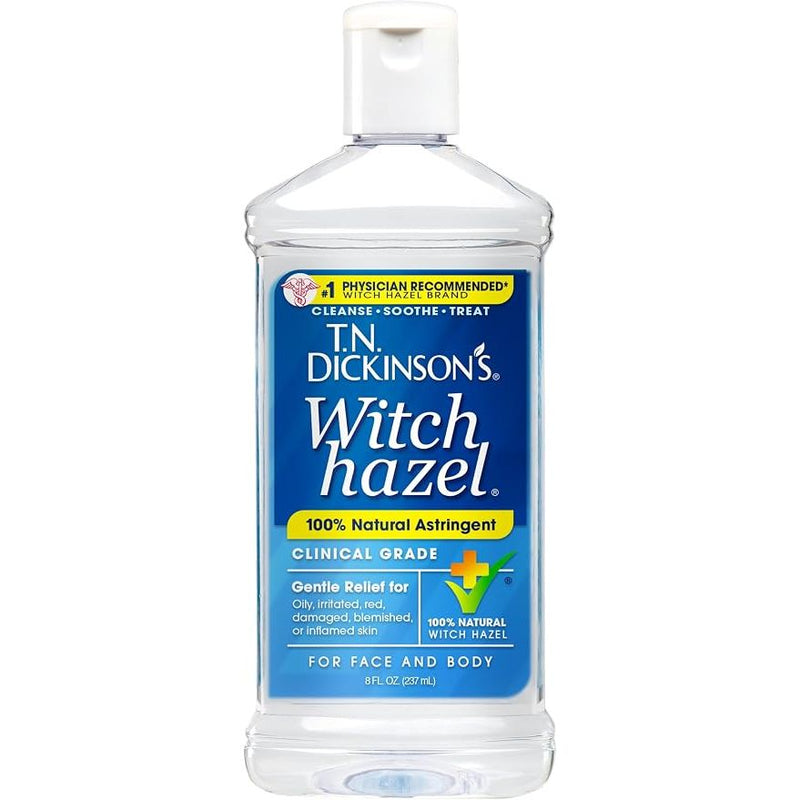 T.N. Dickinson's Witch Hazel 100% Natural Astringent 8 Fl Oz Pure Witch Hazel, Fragrance Free; Cleanses & Soothes Skin; Clinical Grade; for Face & Body
