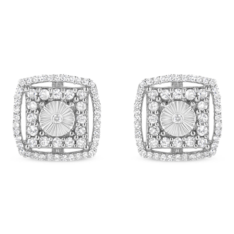 Bids.com .925 Sterling Silver 1.0 Cttw Round Diamond Double Halo and Disc Stud Earring (I-J Color, I2-I3 Clarity) Earrings White Smoke White.Sterling Silver / 1
