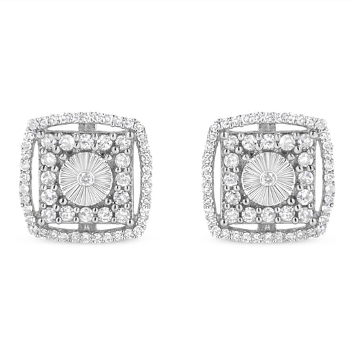 Bids.com .925 Sterling Silver 1.0 Cttw Round Diamond Double Halo and Disc Stud Earring (I-J Color, I2-I3 Clarity) Earrings White Smoke White.Sterling Silver / 1