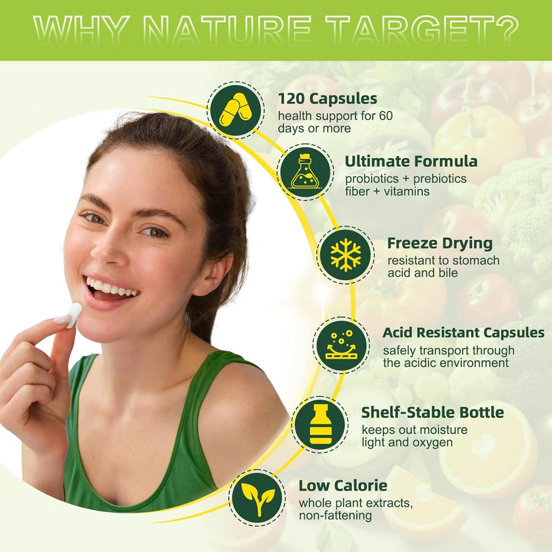 Nature Target Probiotics with Prebiotic Fiber, 60 Billion CFUs, 120 Capsules Dietary Fiber Antique White