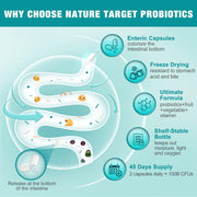 Nature Target 5-in-1 Digestive Health Probiotics with 100B CFUs + 200mg, 90 Vegan Caps Probiotic Powder Blue