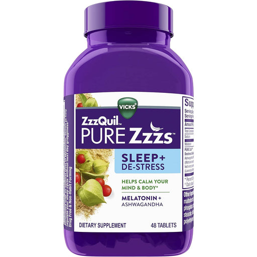 Vicks ZzzQuil PURE Zzzs De-Stress Melatonin Sleep Aid Tablets 48 Count Vitamins & Supplements White Smoke
