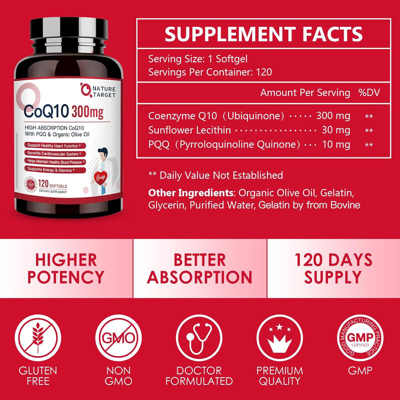 Nature Target CoQ10 + PQQ + Olive Oil, 300mg, 120 Softgels CoQ10 Firebrick