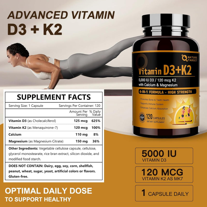 Nature Target 4-in-1 Vitamin D3 + K2, 120 Capsules Vitamin Dark Goldenrod