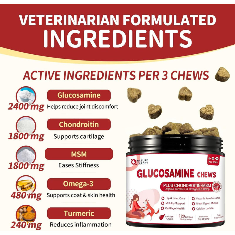 Nature Target Chicken Flavor Glucosamine Chews for Dogs & Cats, 120 Soft Chews Pet Vitamins Supplements White Smoke