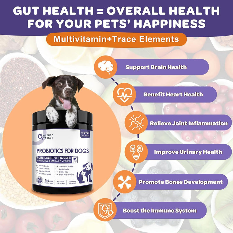 Nature Target Chicken flavor Probiotics for Dogs & Cats, 6 Billion CFUs, 180 Chews Pet Vitamins Supplements White Smoke